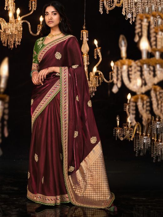 Adorable Maroon Embroidered Silk Wedding Wear Saree With Blouse
