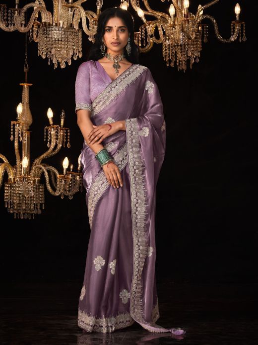 Charming Lavender Sequins Silk Reception Wear Saree With Blouse