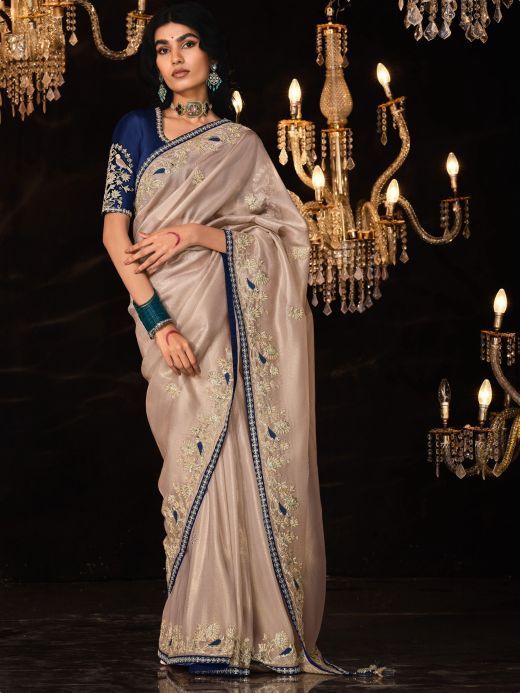 Glamorous Cream Embroidered Silk Traditional Saree With Blouse