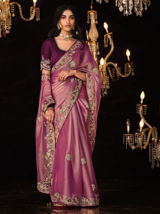 Beautiful Pink Embroidered Silk Wedding Wear Saree With Blouse