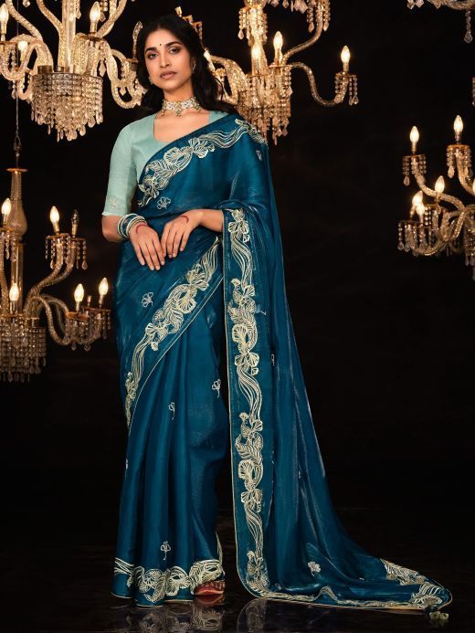 Stunning Blue Embroidered Silk Festival Wear Saree With Blouse
