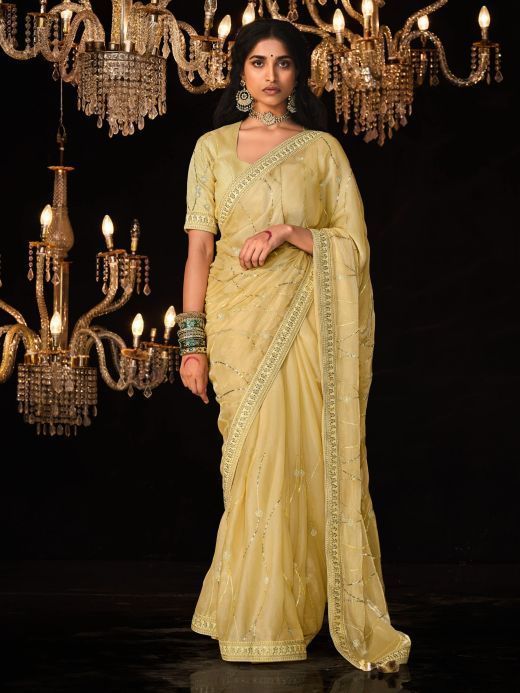 Gorgeous Yellow Sequins Silk Function Wear Saree With Blouse