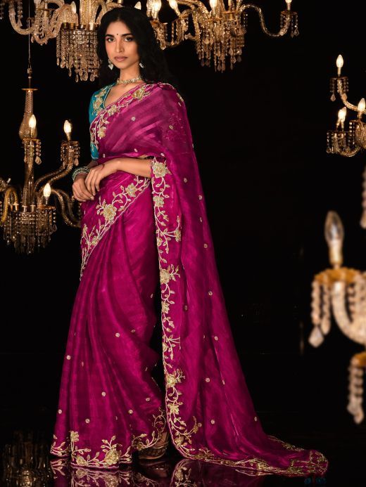 Attractive Rani Pink Embroidered Silk Event Wear Saree With Blouse