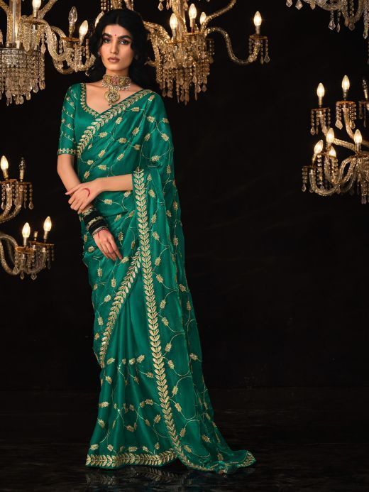 Alluring Teal Green Embroidered Silk Wedding Saree With Blouse