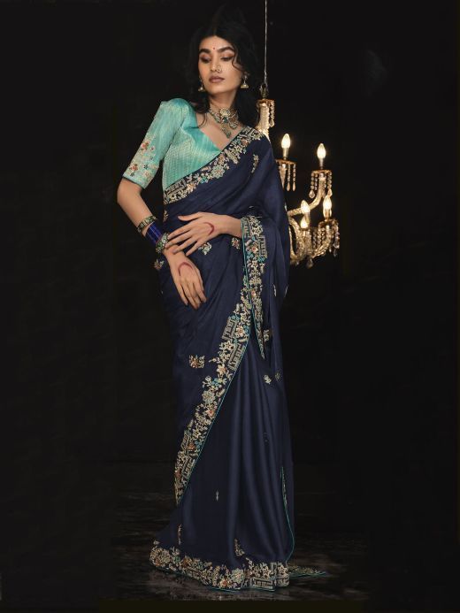 Incredible Navy-Blue Embroidered Silk Saree Wedding Wear Saree