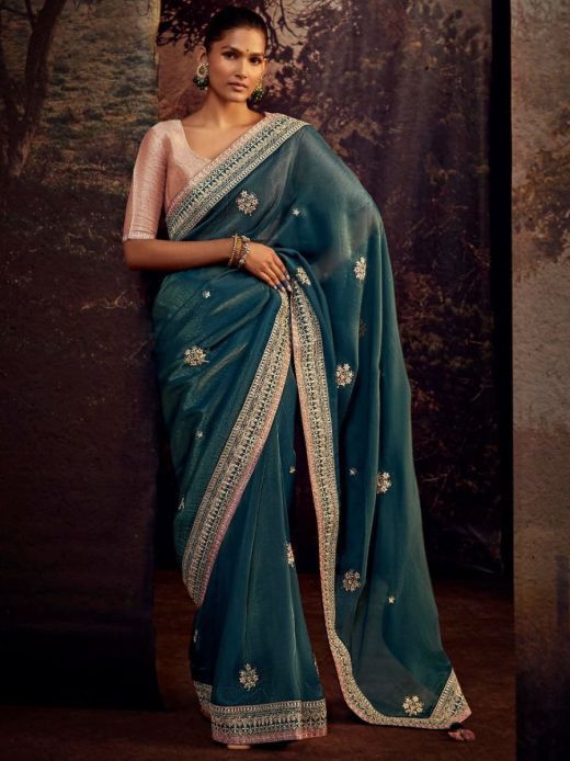 Awesome Blue Sequin Silk Party Wear Saree With Blouse