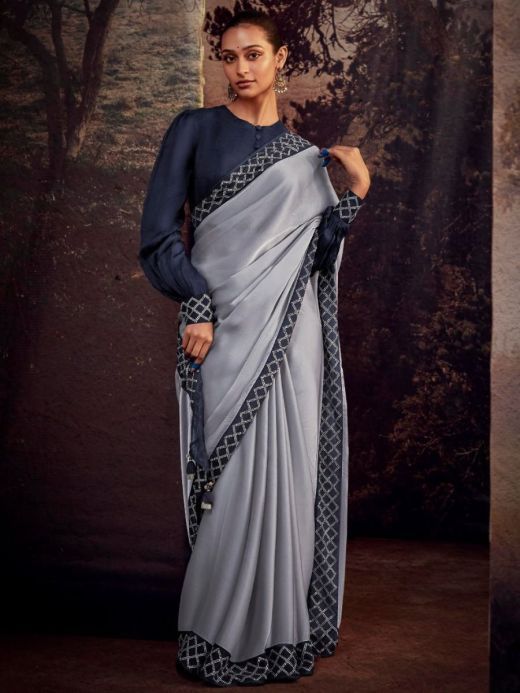 Impressive Grey Heavy Lace Work Silk Party Wear Saree With Blouse