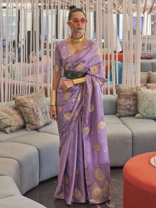 Astounding Lavender Zari Embroidery Silk Festival Wear Saree With Blouse
