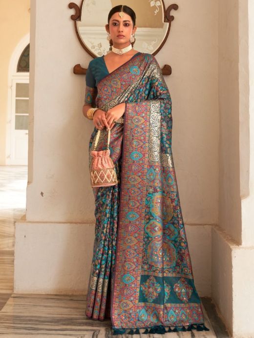 Ravishing Turquoise Jamawar Pashmina Silk Festive Saree With Blouse
