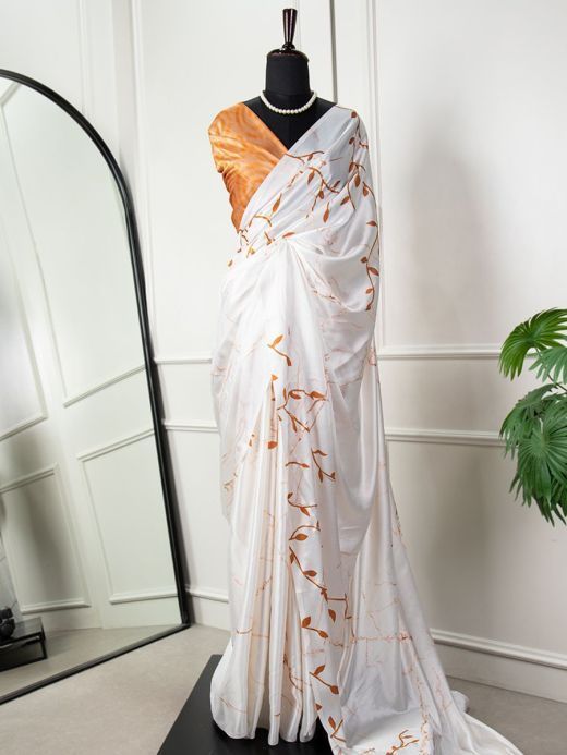 Wonderful White Digital Print Satin Silk Occasion Saree With Blouse