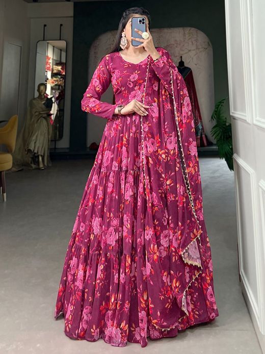 Indigo and Pink Long Flared Dress with Churidaar Sleeves – Missprint India