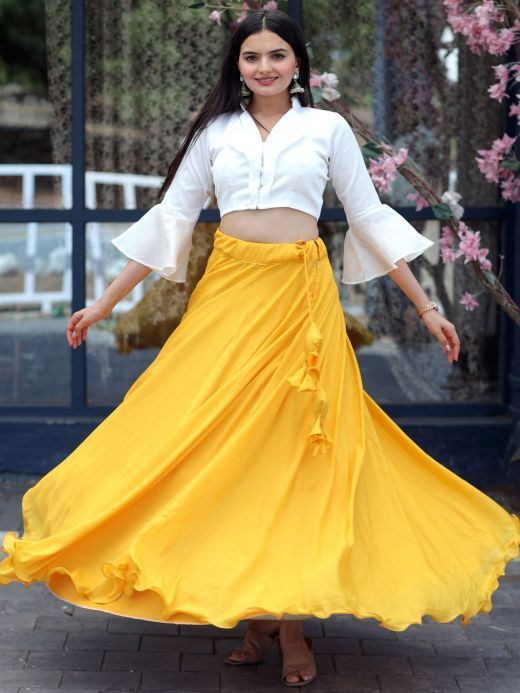 Impressive Yellow Chinon Haldi Wear Lehenga With Designer Crop Top
