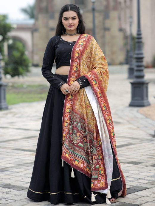 Attractive Black Rayon Navaratri Wear Lehenga Choli With Dupatta