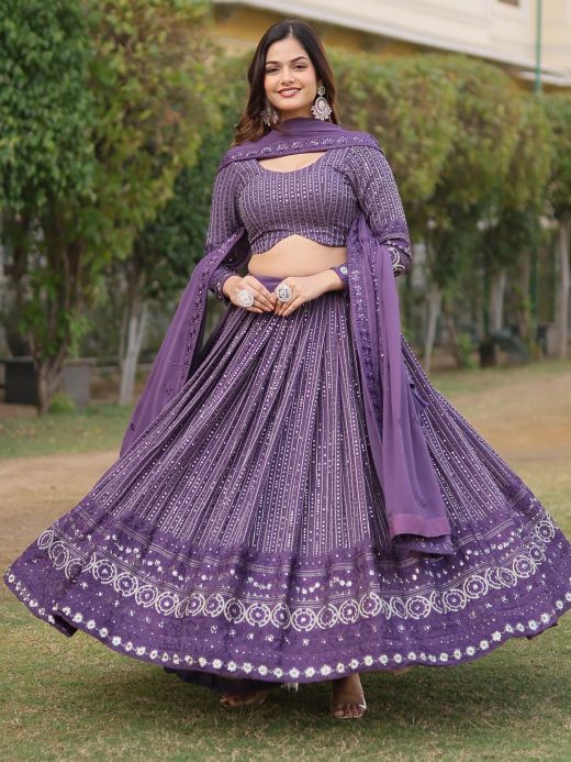 Captivating Purple Sequins Georgette Sangeet Wear Lehenga Choli