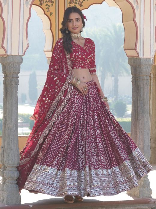 Mesmerizing Rani Pink Sequins Jacquard Wedding Lehenga Choli