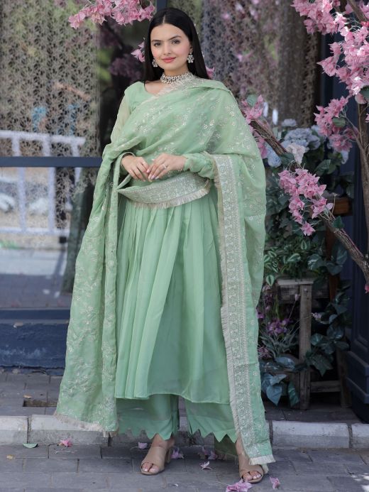 Fascinating Pista Green Silk Engagement Wear Palazzo Suit With Dupatta