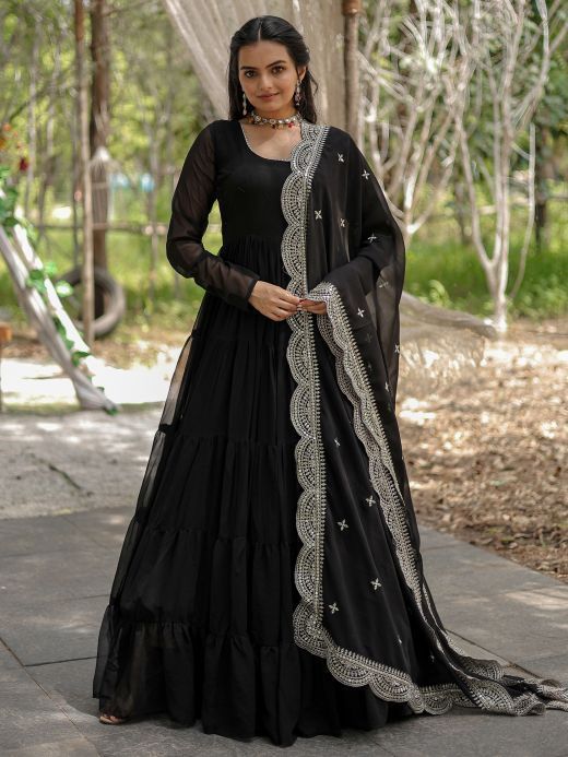 Enchanting Black Georgette Reception Wear Plain Gown With Dupatta