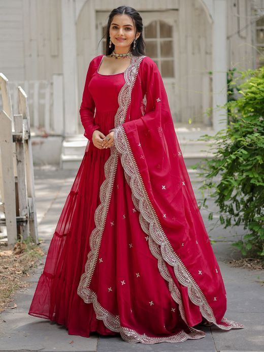 Gorgeous Rani Pink Georgette Wedding Wear Plain Gown With Dupatta