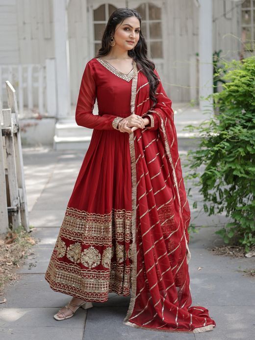 Gorgeous Maroon Sequins Georgette Function Wear Gown With Dupatta