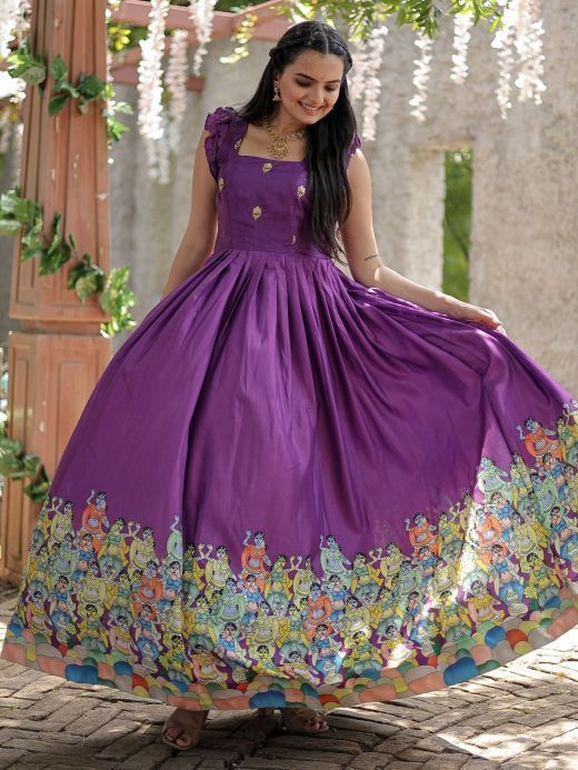 Gorgeous Purple Digital Printed Dola Silk Function Wear Gown