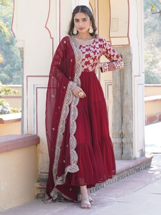 Glamorous Maroon Embroidered Jacquard Function Wear Gown