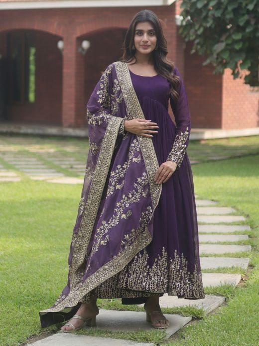 Beautiful Purple Embroidered Georgette Reception Wear Gown