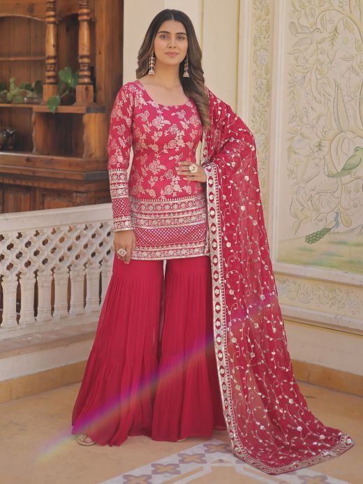 Charming Rani Pink Sequins Jacquard Function Wear Sharara Suit