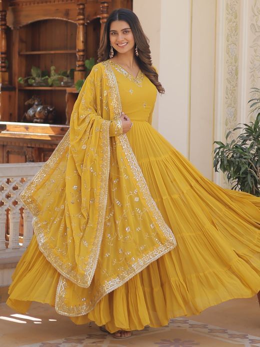 Dazzling Yellow Embroidered Georgette Haldi Wear Gown With Dupatta