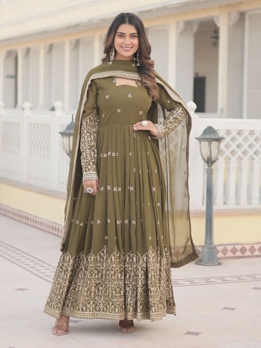 Astonishing Olive Green Embroidered Georgette Mehendi Wear Gown