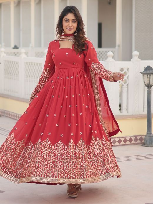 Dazzling Coral Red Embroidered Georgette Function Wear Gown