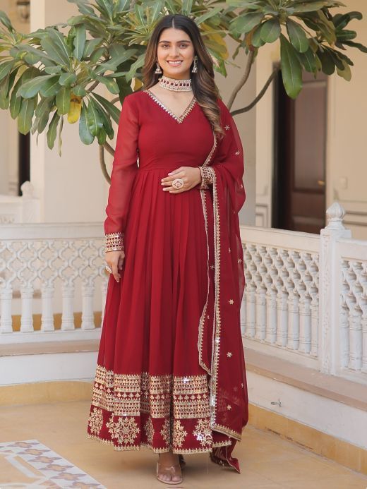 Incredible Maroon Sequins Georgette Wedding Wear Gown With Dupatta