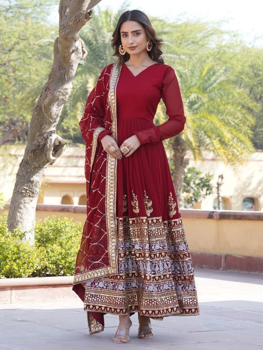 Pretty Maroon Sequins Georgette Function Wear Gown With Dupatta