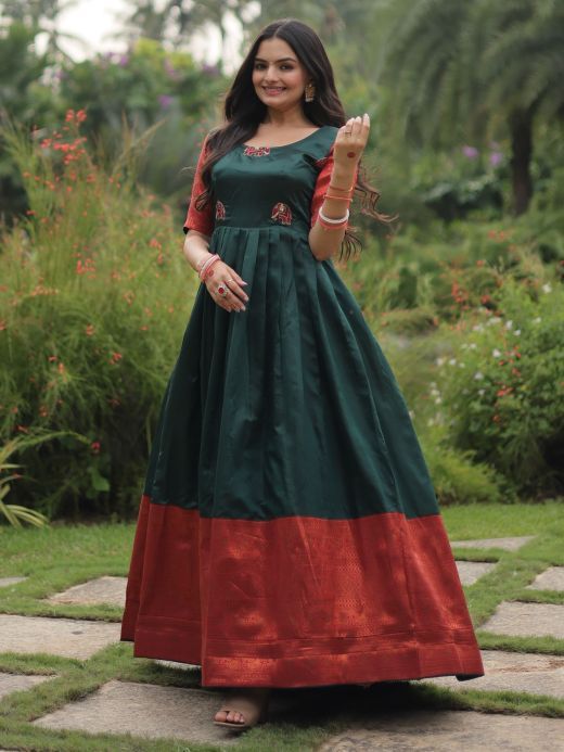 Enchanting Green Zari Weaving Banarasi Silk Festival Wear Gown