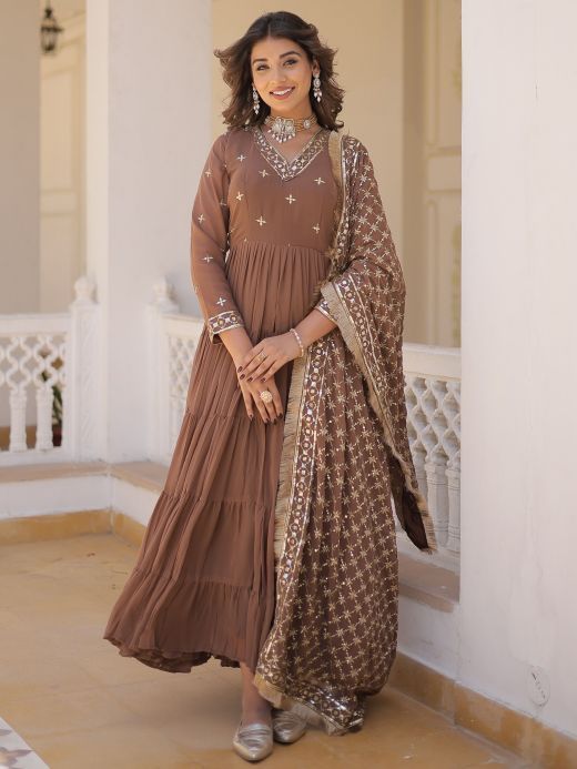 Pretty Brown Embroidered Georgette Event Wear Gown With Dupatta