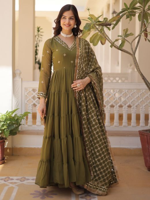 Adorable Olive Green Embroidered Georgette Mehendi Wear Gown