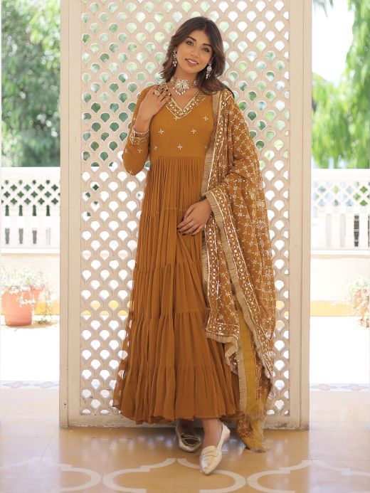 Alluring Mustard Yellow Embroidered Georgette Festival Wear Gown