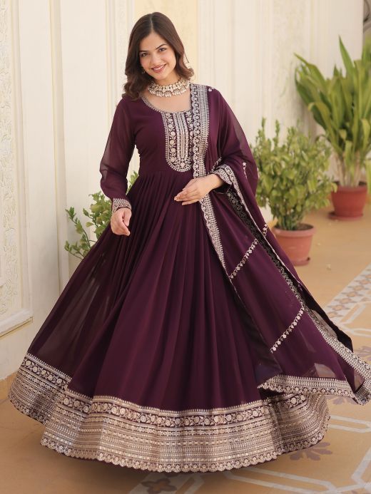 Beautiful Wine Sequins Georgette Reception Wear Gown With Dupatta