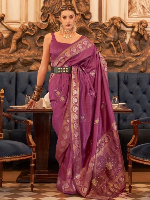 Luxurious Magenta Zari Work Tussar Silk Festival Wear Saree With Blouse