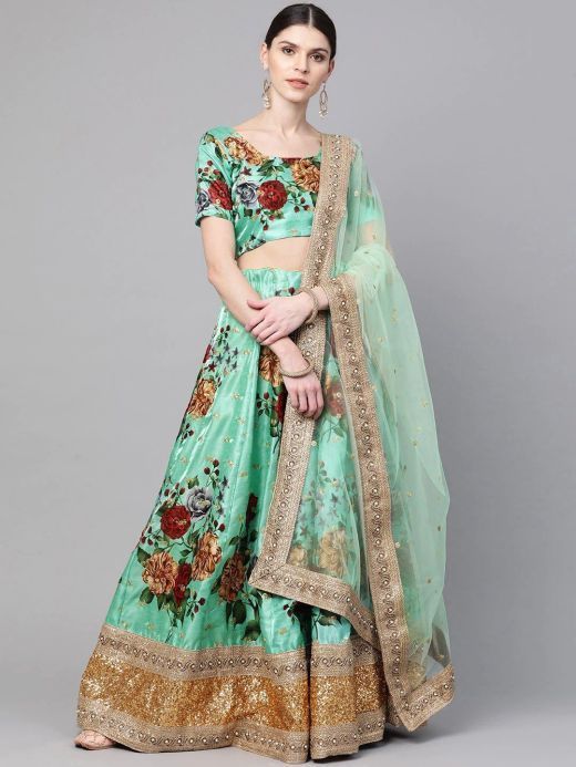 Green Floral Semi-Stitched Myntra Lehenga & Unstitched Blouse with Dupatta