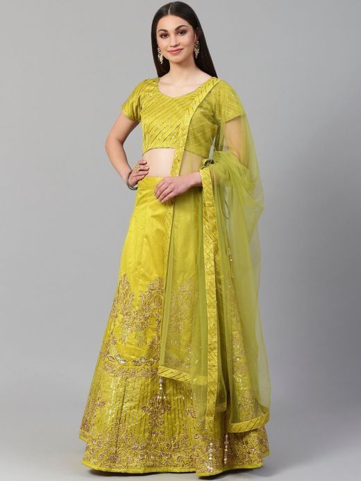 Lime Green & Gold-Toned Embroidered Semi-Stitched Myntra Lehenga & Unstitched Blouse with Dupatta