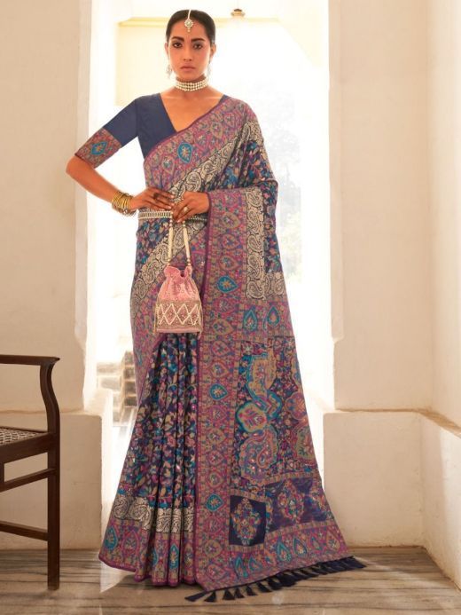 Sensational Navy-Blue Jamawar Pashmina Silk Festive Saree With Blouse