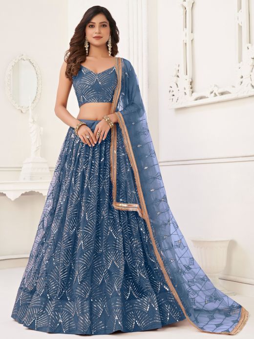 Wonderful Blue Sequins Net Bridesmaid Lehenga Choli With Dupatta