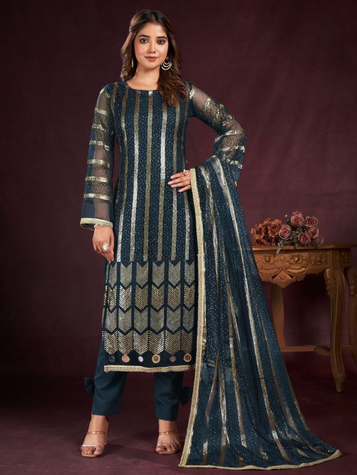 Amazing Blue Sequins Net Function Wear Salwar Kameez With Dupatta