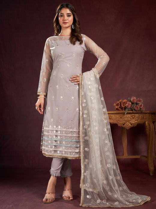 Elegant Grey Sequins Net Function Wear Salwar Kameez With Dupatta