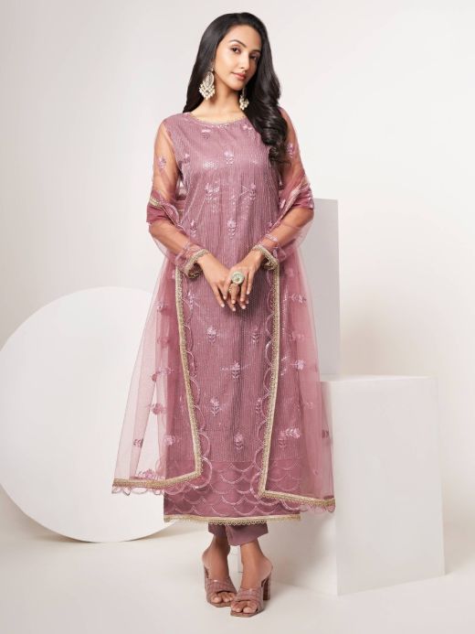 Stunning Dusty Pink Sequins Net Reception Wear Salwar Kameez 