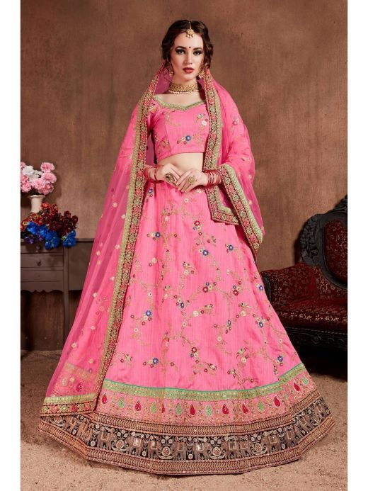 Pink Embellished Silk Bridal Wear Lehenga Choli