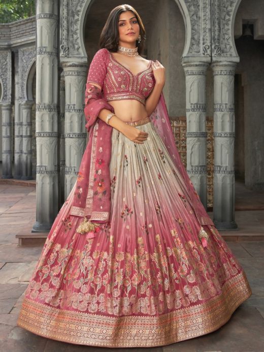 Amazing Dusty Pink Zari Weaving Silk Engagement Wear Lehenga Choli