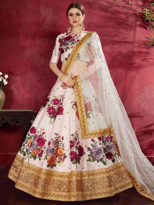 Off-White Floral Print Banglori  Silk Bridal Lehenga Choli With Dupatta 