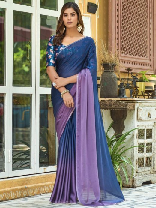 Elegant Blue And Purple Satin Saree With Floral Blouse