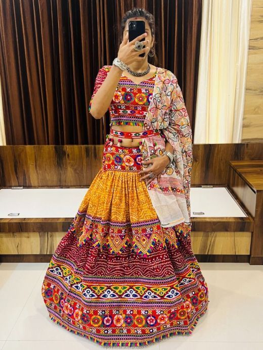 Vibrant Multi-Coloured Gamthi Work Cotton Navratri Wear Lehenga Choli